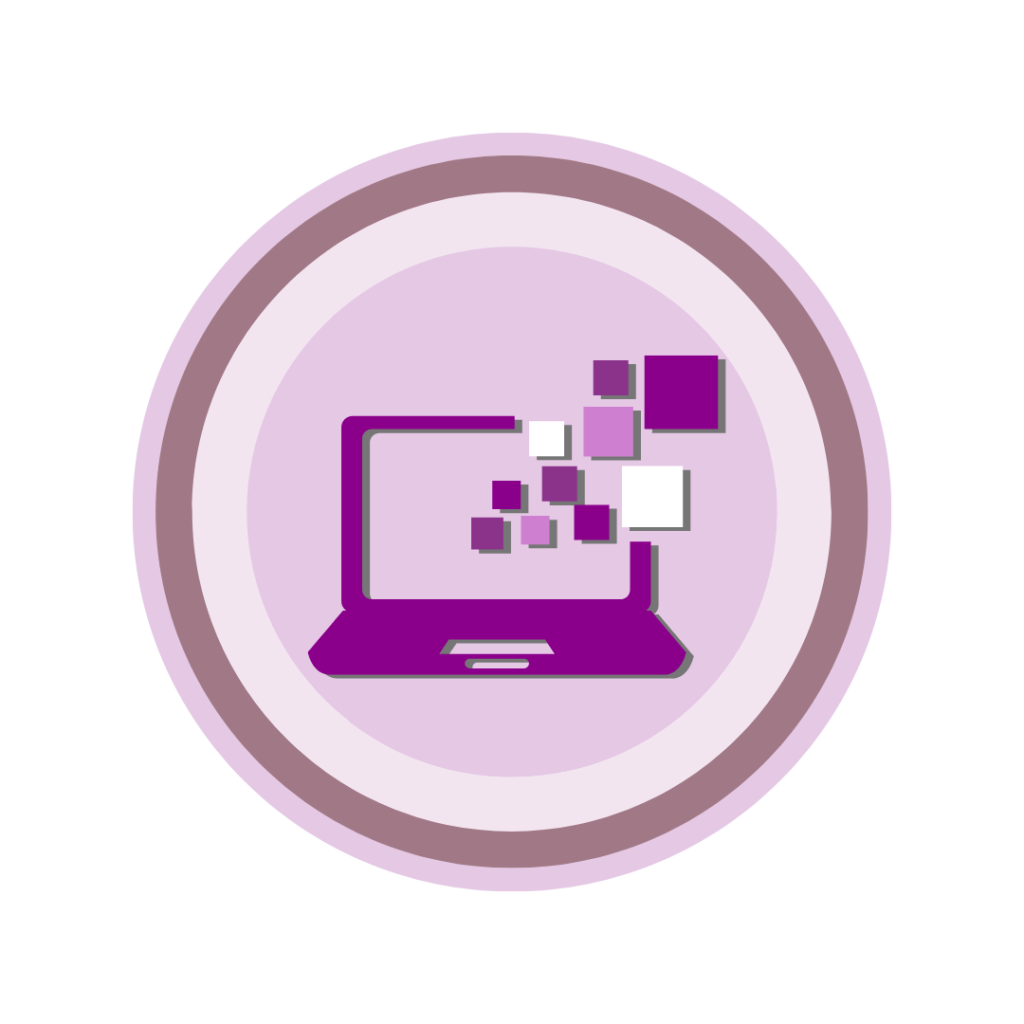 Ícone circular, em roxo, semelhante a logo da Cumbuca Dev. Ao centro uma imagem de um notebook aberto, na diagonal esquerda para a direita quadrados em branco, roxo e lilás saindo da tela, simbolizando uma "conexão externa".
