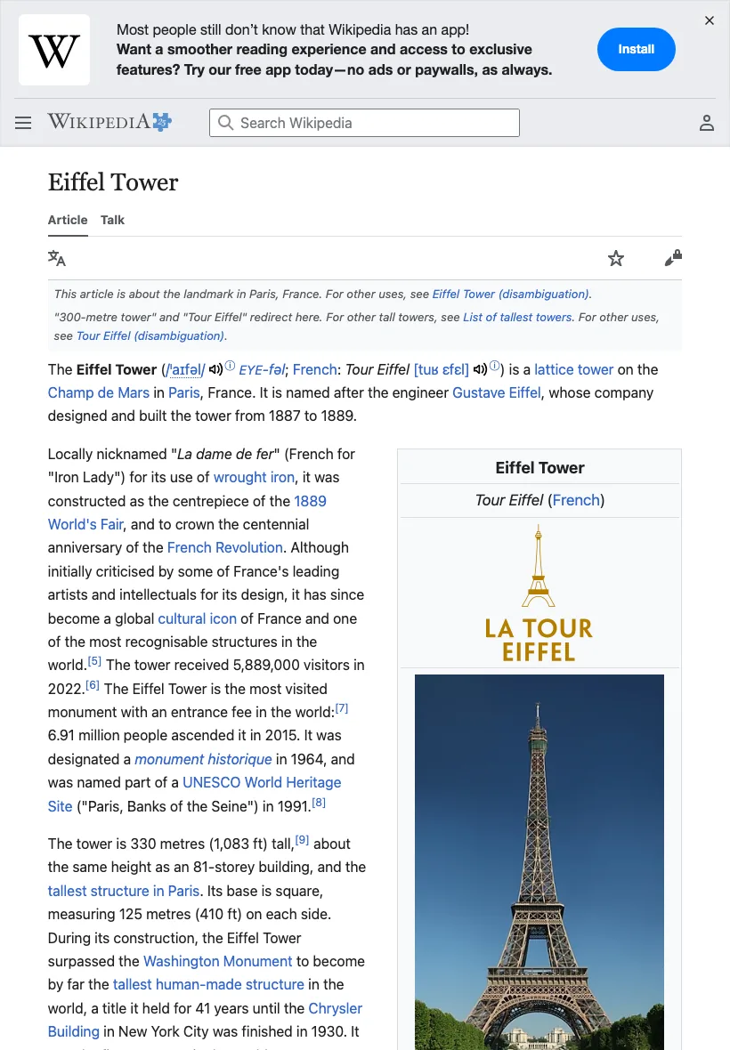 The Wikipedia article about the Eiffel Tower in its tablet layout