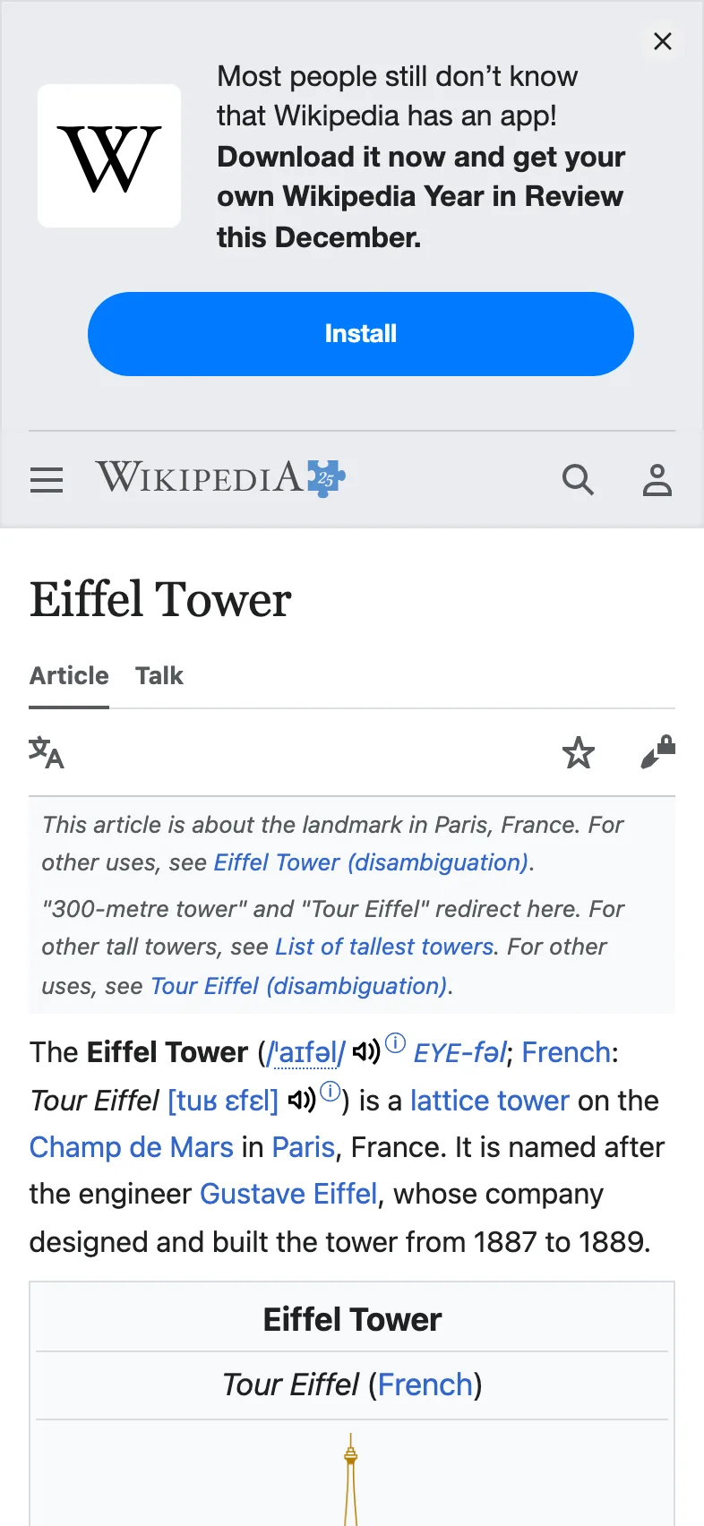 The Wikipedia article about the Eiffel Tower, rendered at phone width