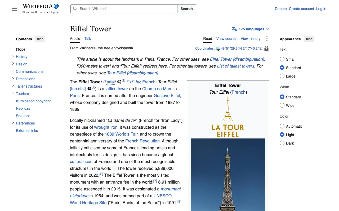The top of the Wikipedia article about the Eiffel Tower