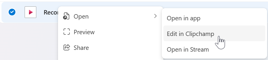 Edit a video in Clipchamp by right-clicking on the file in OneDrive and SharePoint