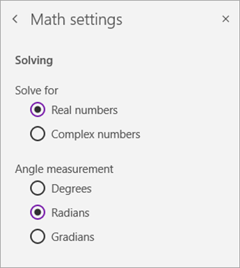 Résolvez pour les types de nombres ou la mesure d’angle dans les paramètres mathématiques.