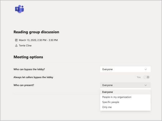 Select who's allowed to present in Teams meeting options