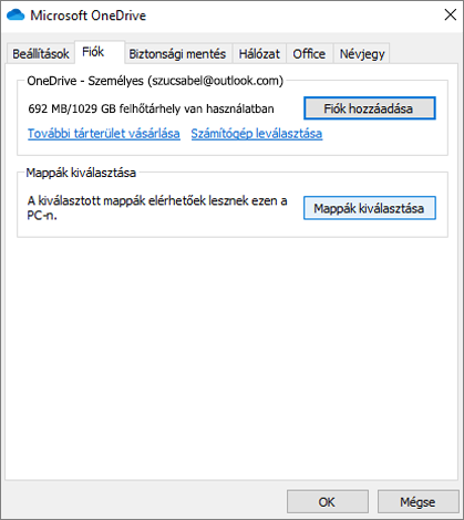 A OneDrive Fiók hozzáadása párbeszédpanelje