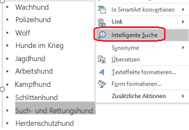 Wählen Sie einen Ausdruck aus, klicken Sie mit der rechten Maustaste darauf, und wählen Sie dann "Intelligentes Nachschlagen" aus.