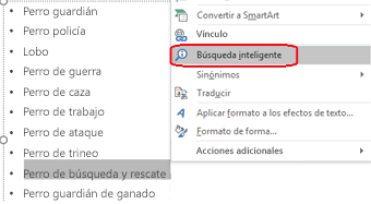 Seleccione un término, haga clic con el botón derecho sobre él y, después, seleccione Búsqueda inteligente.