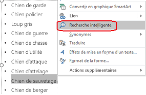 Sélectionnez un terme, cliquez dessus avec le bouton droit, puis sélectionnez Recherche intelligente