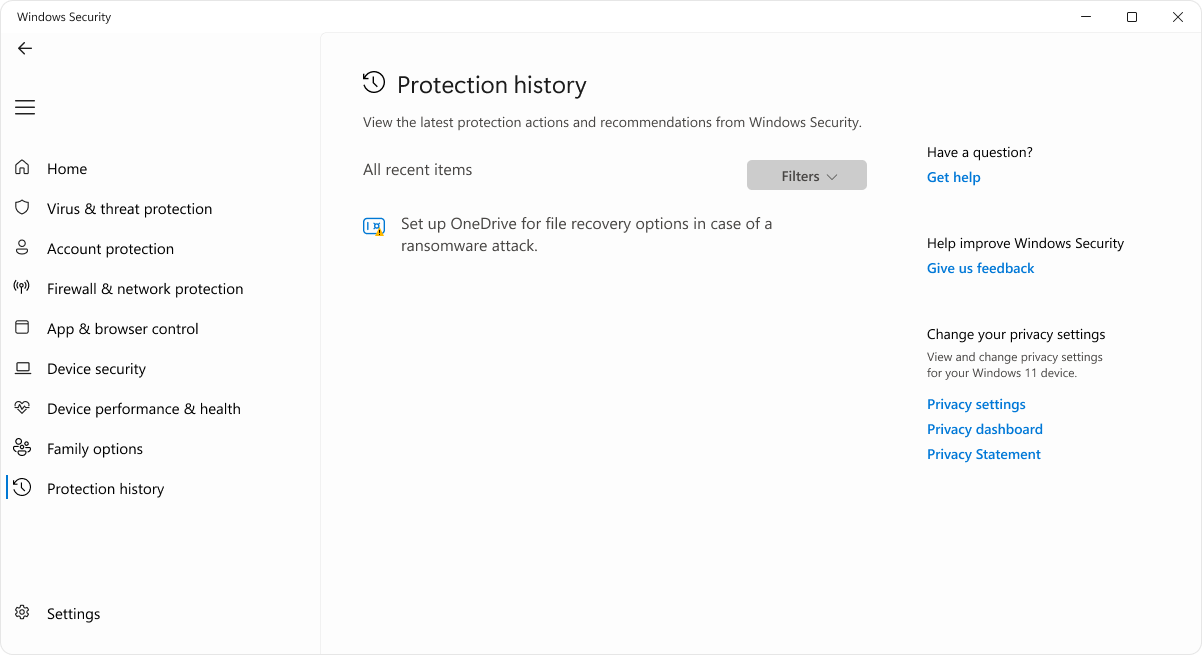 Screenshot of the protection history page of the Windows Security app.