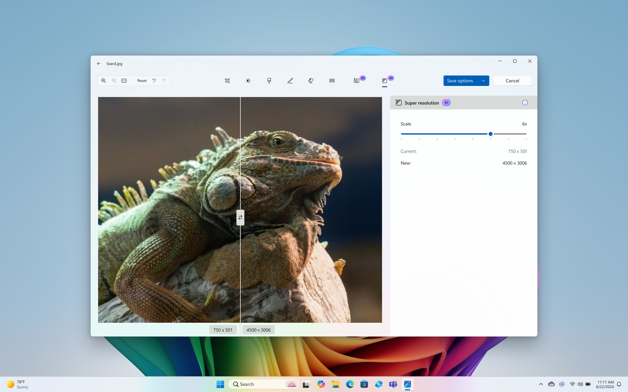 Screenshot of a photo with an iguana where half of the photo is unenhanced and the other half is enhanced with super resolution.