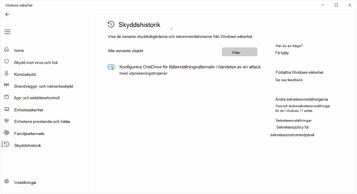 Skärmbild av sidan med skyddshistorik i Windows-säkerhet-appen.