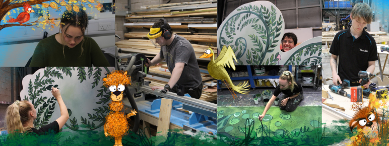 A collage of images of students working on the Great Grumpy Gaboon set including painting, carpentry, and design