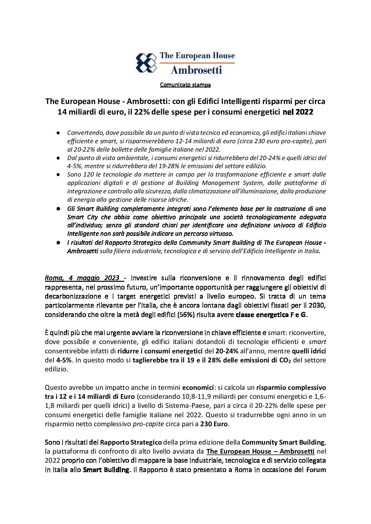 Comunicato stampa - Con gli Edifici Intelligenti risparmi per circa 14 miliardi di euro, il 22% delle spese per i consumi energetici nel 2022