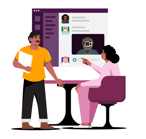 이야기하는 두 동료의 모습과 그 배경에 열려 있는 Slack 채팅.