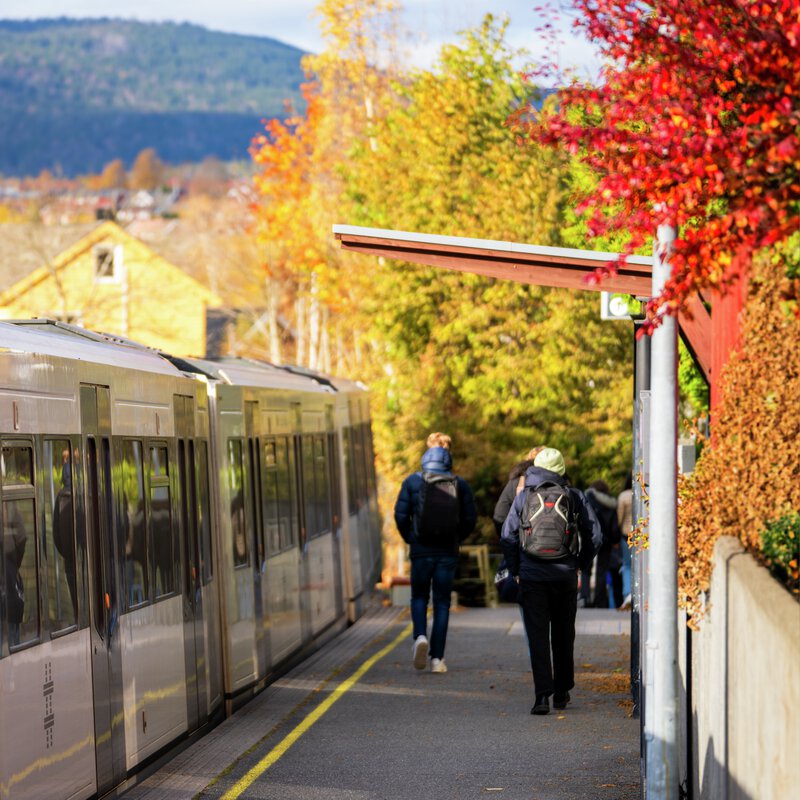 Reisende går langs en T-bane som står på Ekraveien T-banestasjon  omgitt av høstløv. Foto.