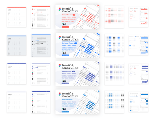 A compilation view of all available Telerik & Kendo UI Figma Kit theme varieties