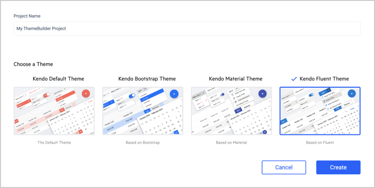 A screenshot of the page where a user selects a base theme for their new ThemeBuilder project, with the Fluent theme selected