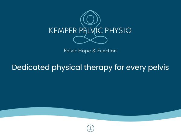 Blue field with a light blue wave and the Kemper Pelvic Physio logo - top of homepage
