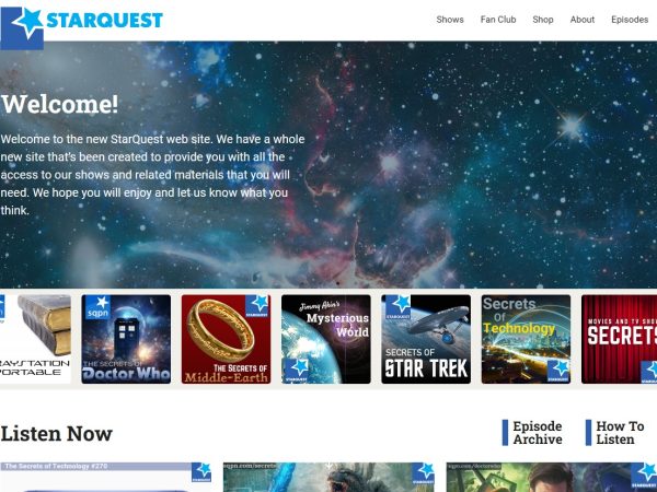 Home page for Starquest podcast site with rotating banner and rotating categories