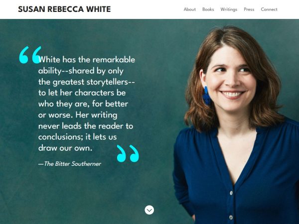 Home page showing a quote from The Bitter Southerner and a photo of Susan Rebecca White