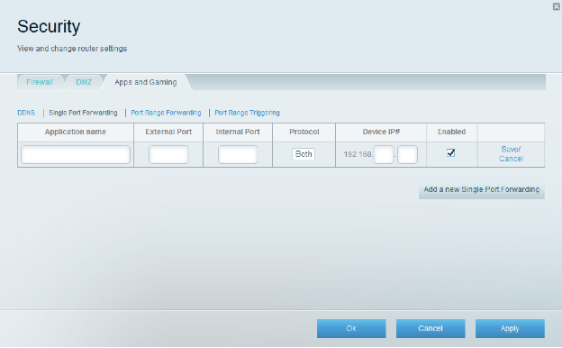 Security settings displayed by a modern Linksys router during port forwarding setup.
