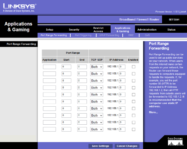 Security settings displayed by an older Linksys router during port forwarding setup.