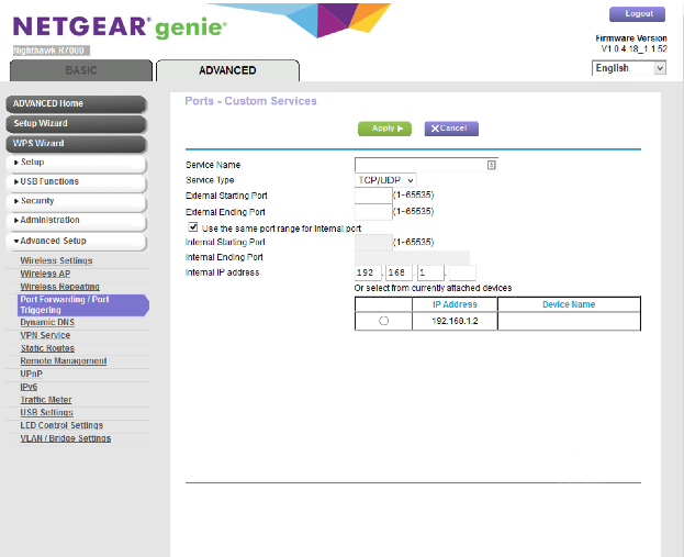Settings displayed by a modern Netgear router during port forwarding setup.