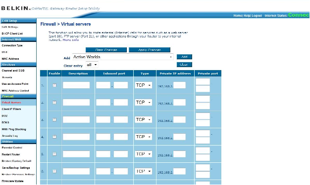 Settings displayed by an older Belkin router during port forwarding setup.