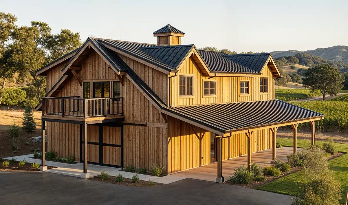 A large two-story wooden barn with a black metal roof is surrounded by greenery and trees, hills in the background, under clear skies.