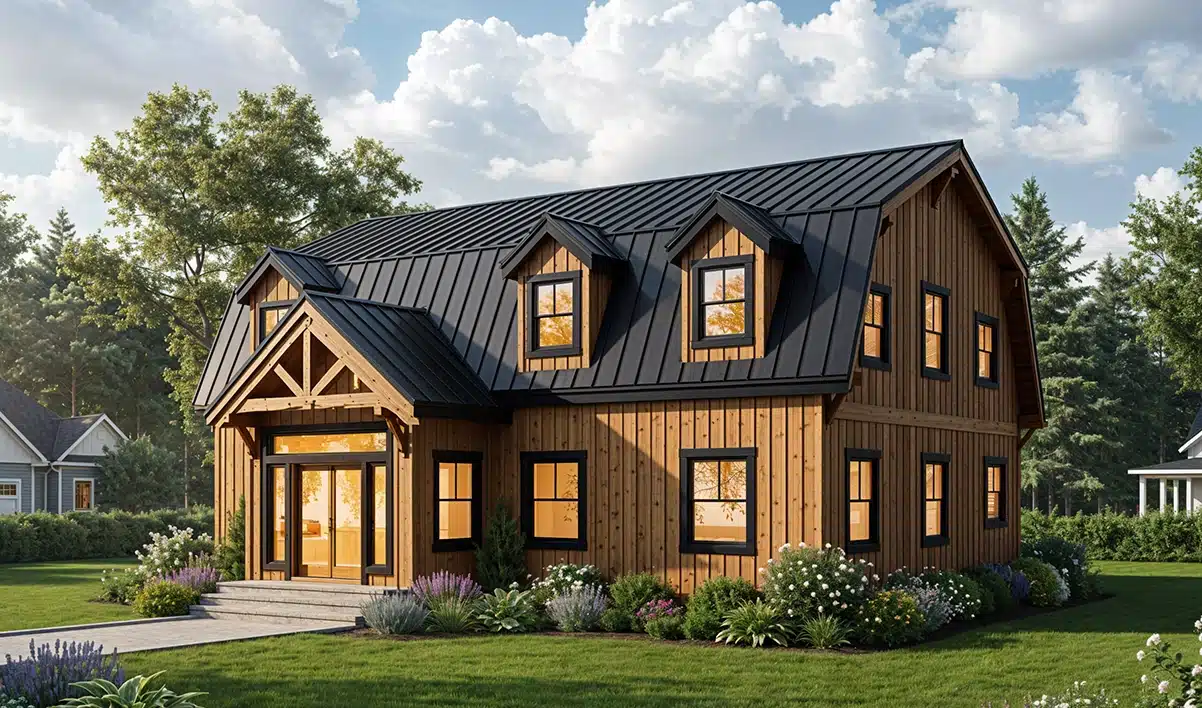 A two-story wooden house with a black metal roof and large windows sits on a green lawn with trees and a blue, cloudy sky behind.