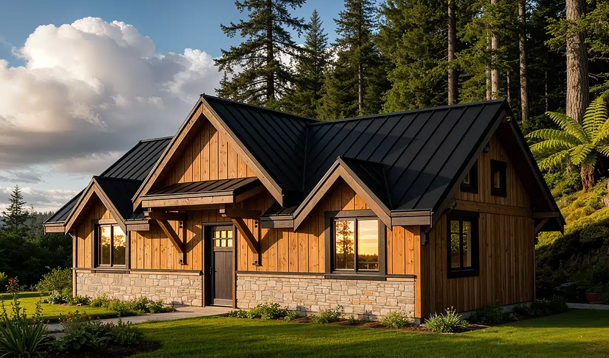 A small wooden house with a stone foundation and black metal roof stands in a grassy yard, surrounded by trees and shrubs at sunset.