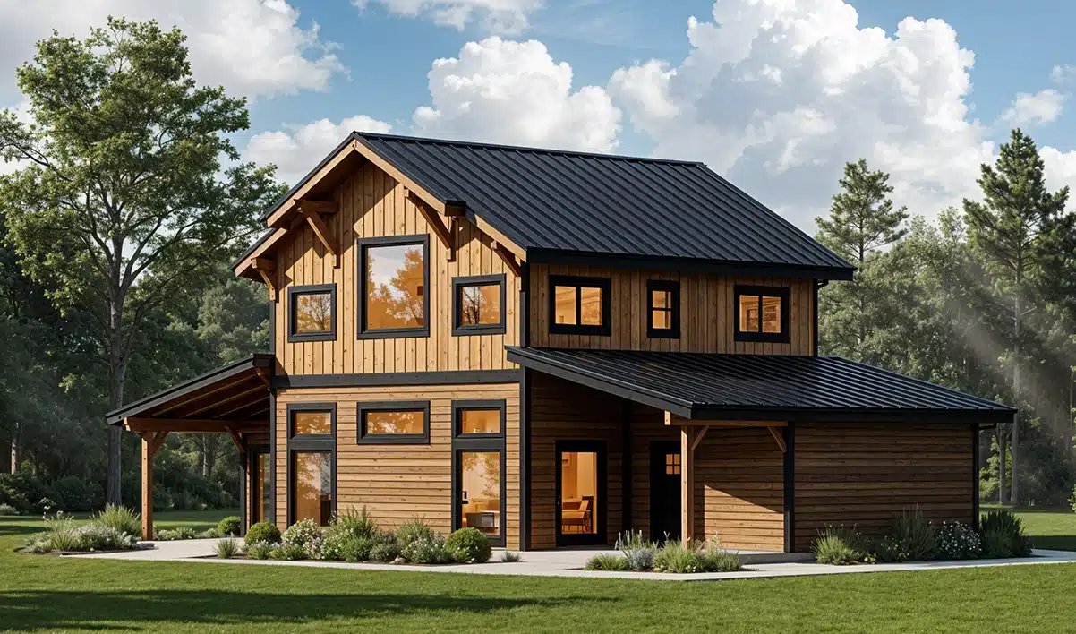 A modern two-story wooden house with large windows, black trim, and a metal roof in a green yard surrounded by trees under a partly cloudy sky.