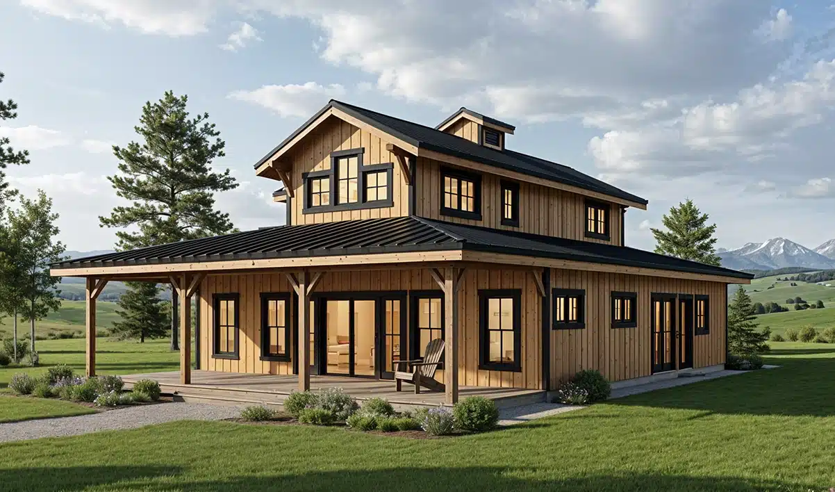 A modern farmhouse with natural wood siding, black trim, and a wraparound porch sits on grass with distant mountains and clouds.