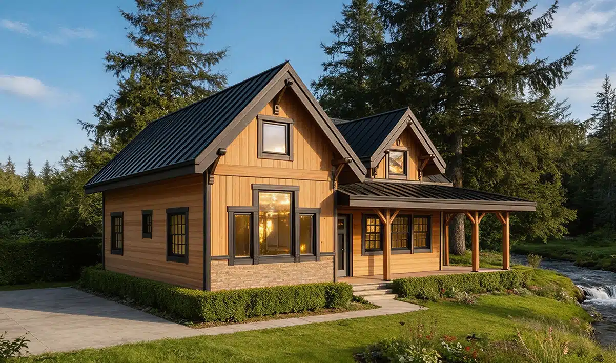 A cozy modern wooden house with a dark metal roof, large windows, and a covered porch, surrounded by grass, trees, and a stream.