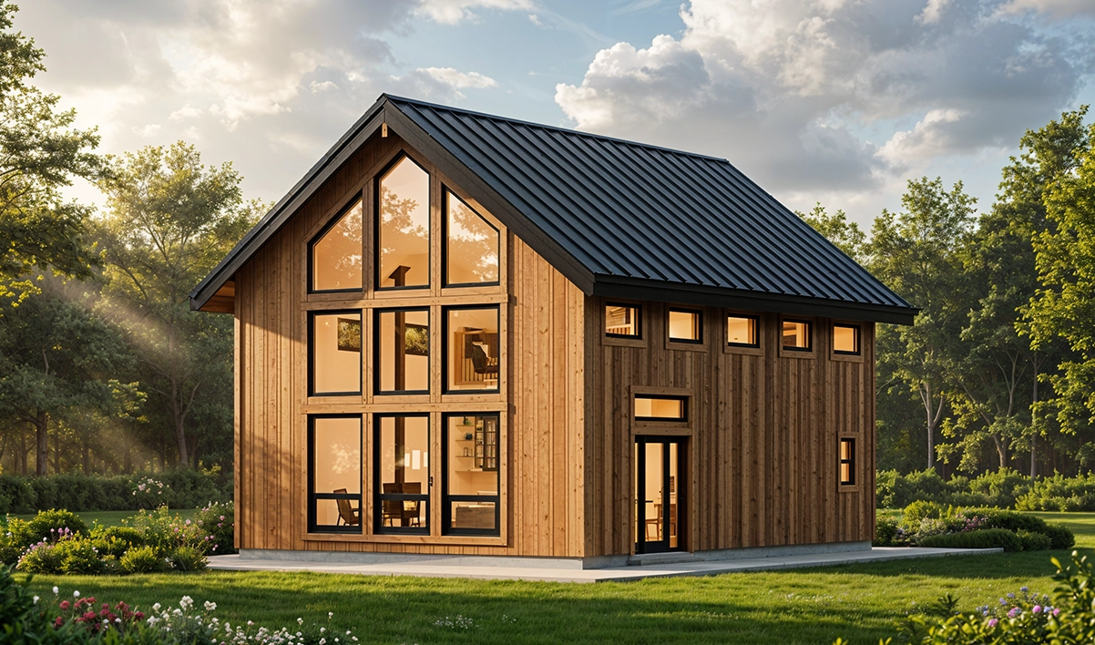 A modern two-story tiny house with floor-to-ceiling windows, wooden siding, and a black metal roof stands on a grassy lawn.