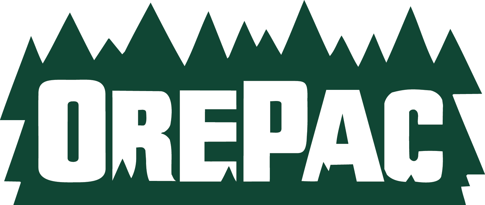 Bold white letters set against a dark green background shaped like a row of pine tree silhouettes.