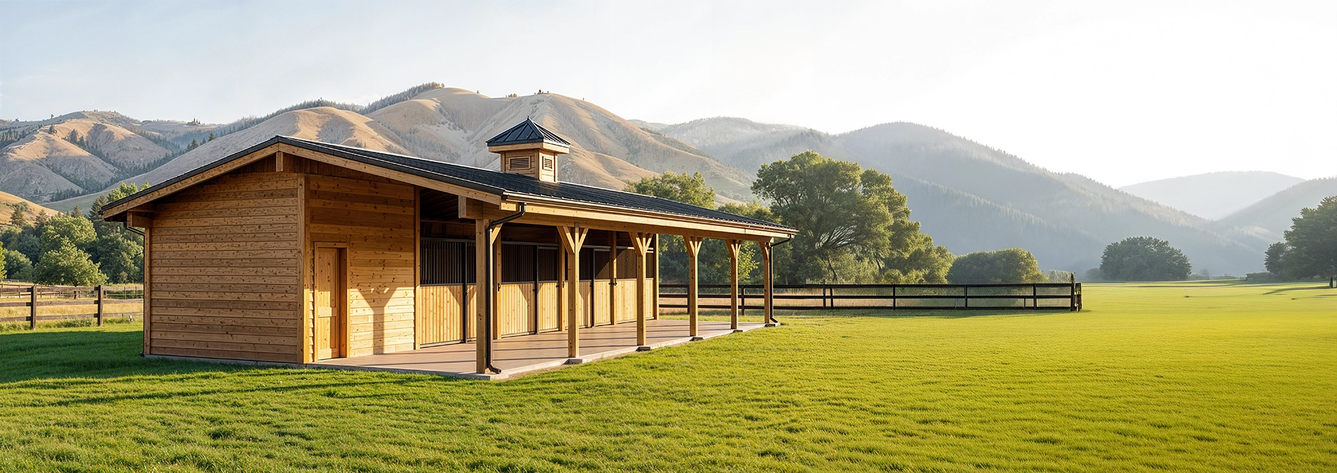 A wooden barn with a covered porch sits on a green lawn, with rolling hills and trees in the background under a clear, sunny sky.
