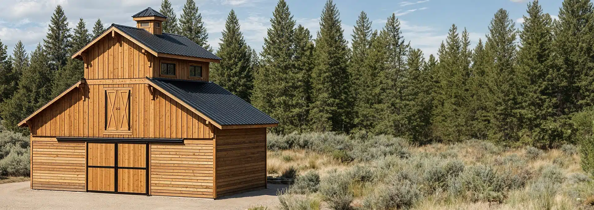 A wooden barn with a black roof sits on a dirt clearing surrounded by shrubs and tall pine trees under a partly cloudy sky.