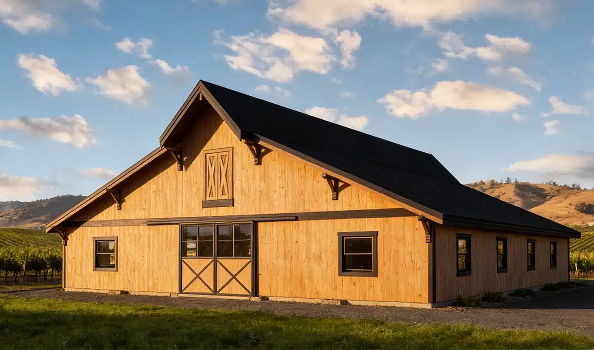 A large, light wooden barn with black trim and a dark roof stands on open land under a blue sky with scattered clouds, hills behind.