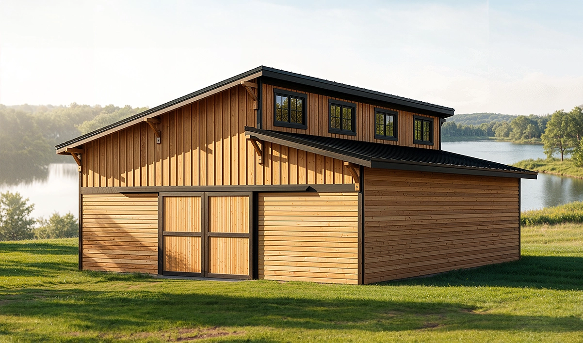A modern wooden barn with large windows and a sloped roof stands on grass near a lake, surrounded by trees under a clear sky.