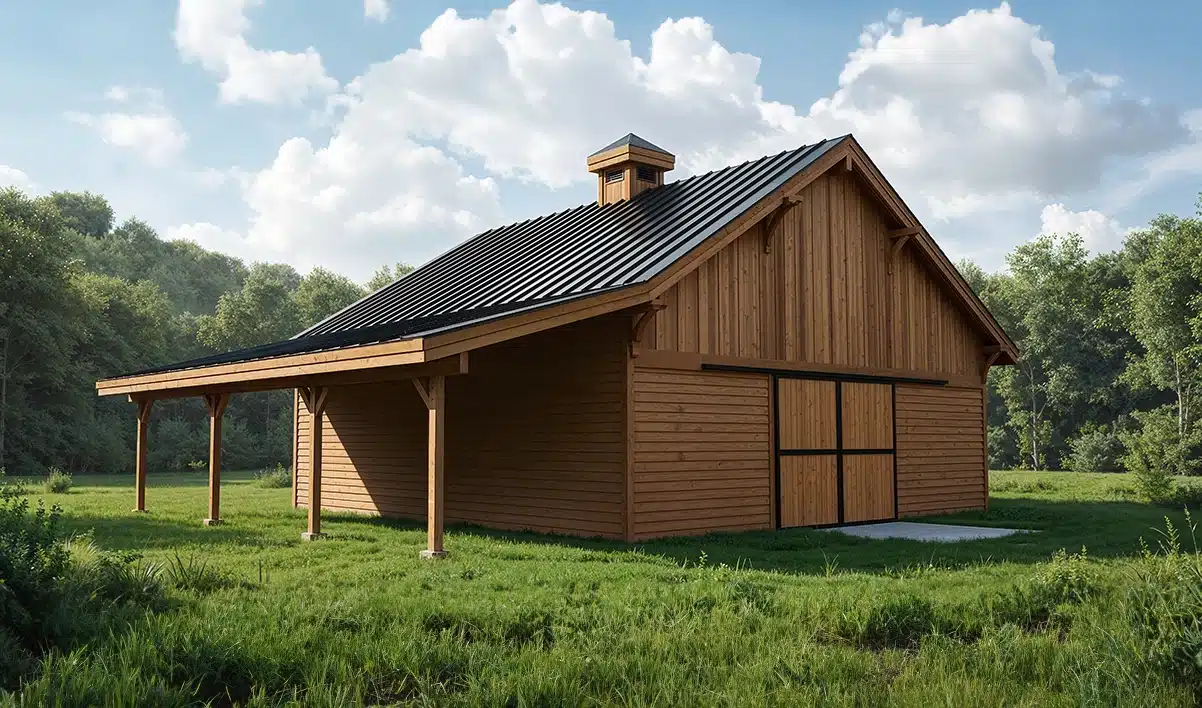 A wooden barn with a black metal roof sits on a grassy field, surrounded by trees and under a partly cloudy sky.
