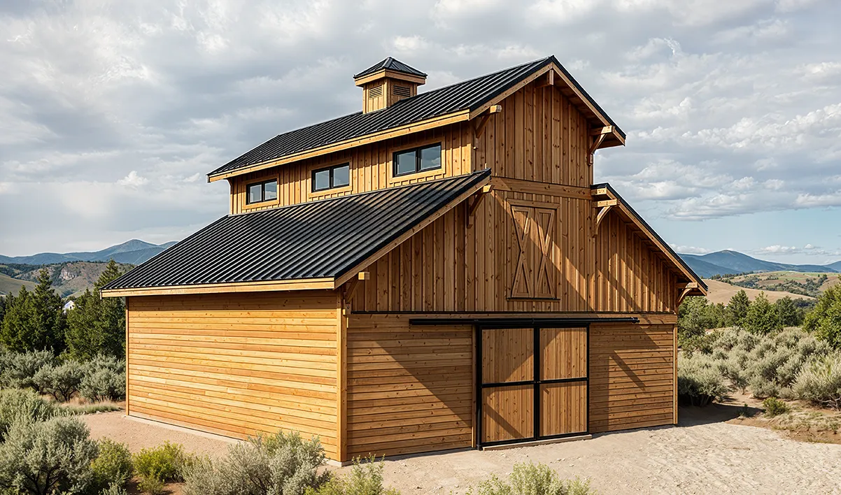 A large wooden barn with a black metal roof sits in a rural landscape, surrounded by shrubs and hills beneath a partly cloudy sky.