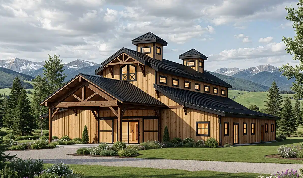 A large wooden barn with black metal roofs and cupolas stands in a landscaped yard, surrounded by fields, trees, and mountains.