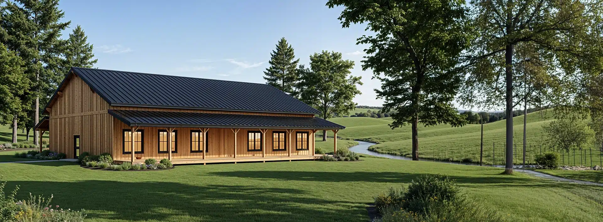 A large wooden barn with a black metal roof sits on a grassy lawn, surrounded by trees and rolling hills under a blue sky.