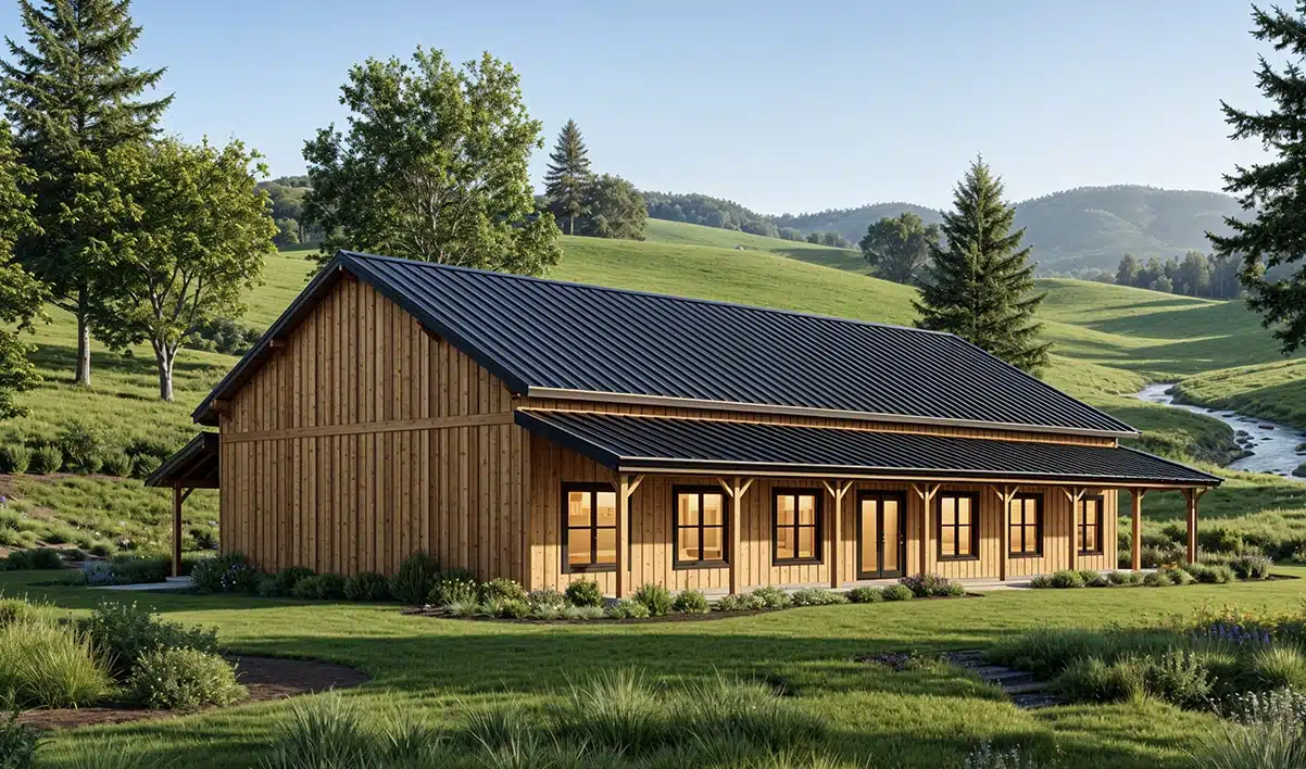 A modern wooden barn-style building with a dark metal roof sits on grass, trees and hills under a sunny sky, with a stream in back.