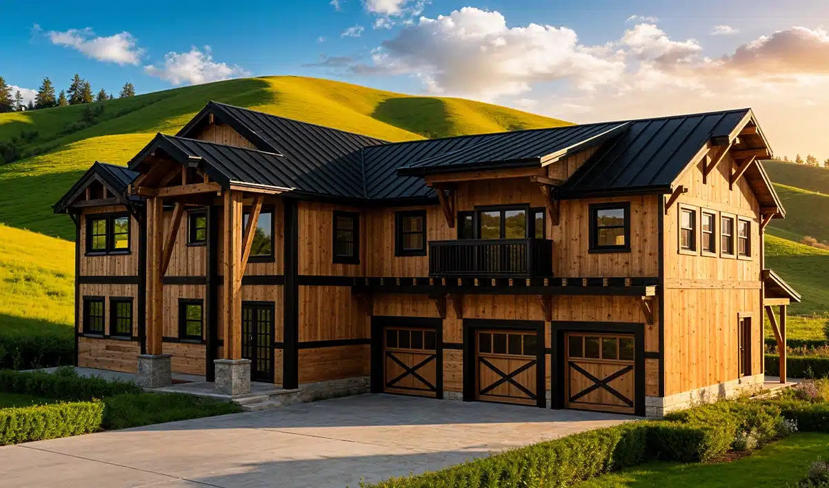 A large modern wooden house with black trim and a metal roof stands on a concrete driveway, surrounded by green hills and hedges under a partly cloudy blue sky.