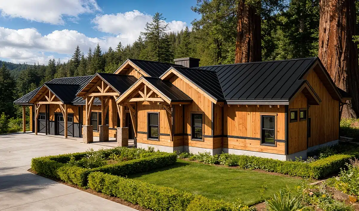 A modern wooden cabin with black metal roofing and large windows among tall pines, manicured hedges, grass, and driveway below a cloudy sky.