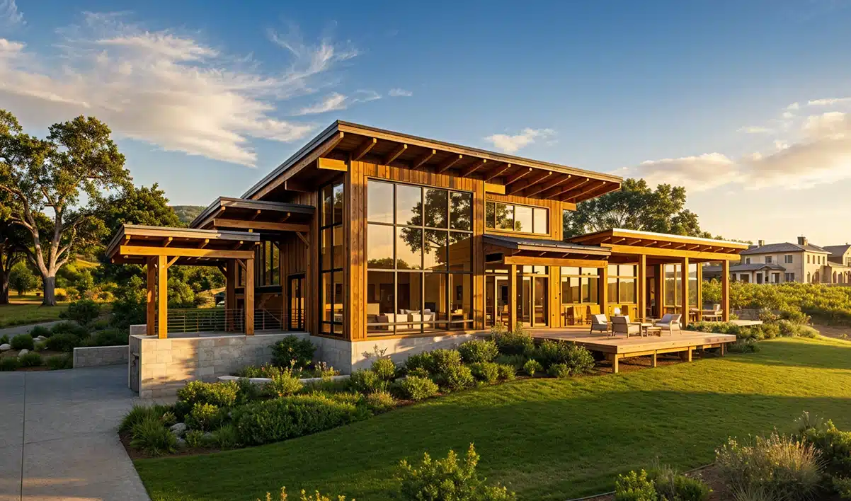A modern house with large glass windows and wooden accents sits among green grass, shrubs, and trees under a clear blue sky.