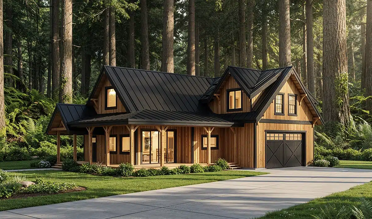 A modern wooden cabin with black metal roof and large windows among tall trees, green grass, and a two-car garage with warm lights inside.