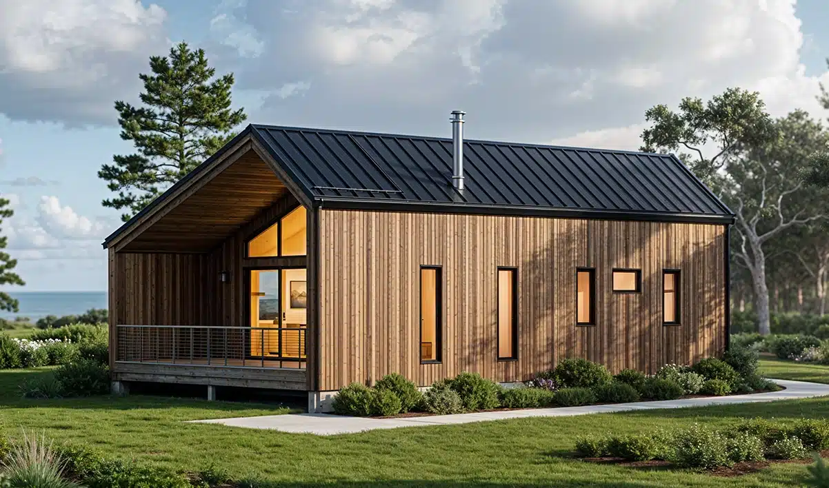 A modern wooden cabin with large windows and a black metal roof sits on a green lawn, surrounded by shrubs and trees.