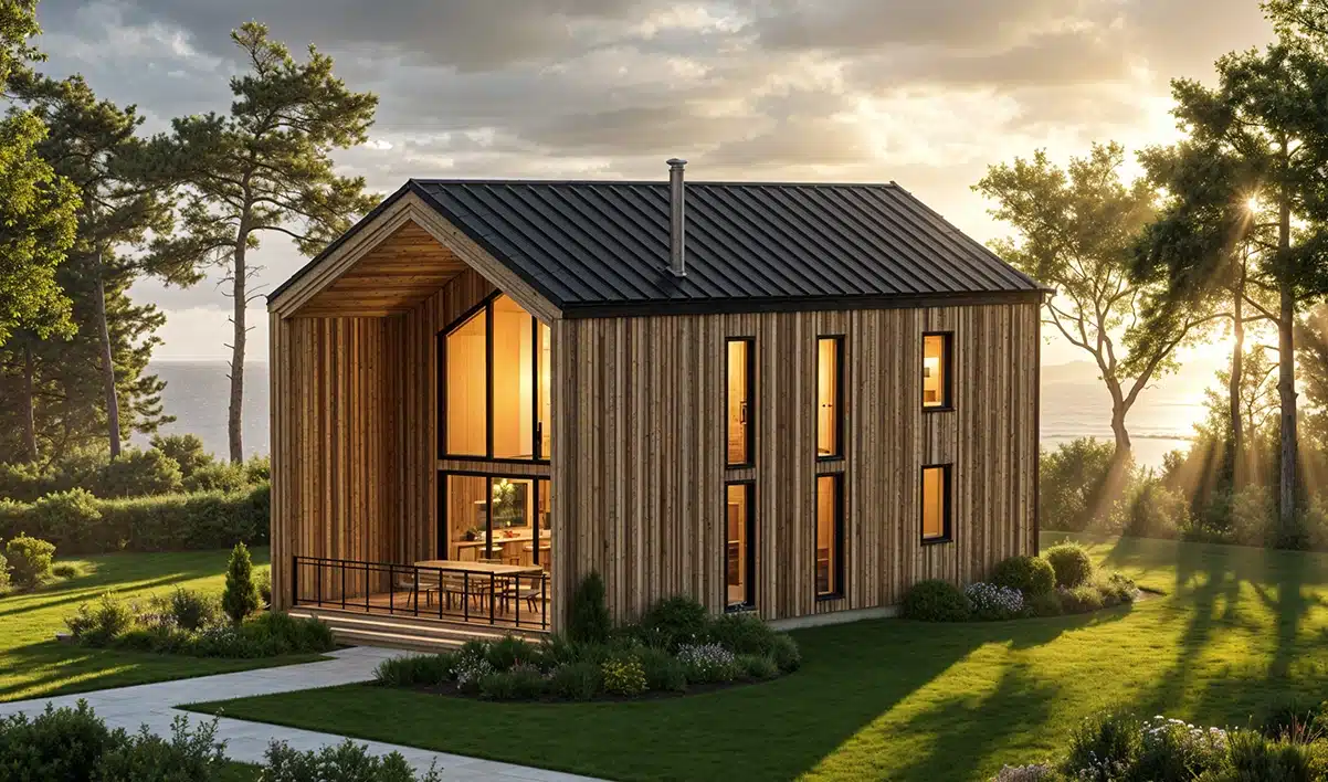 A modern wooden house with large glass windows stands amid lush green lawn and trees, sunlight streaming through, water and sky in back.